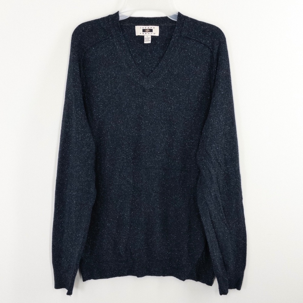 Joseph Abboud Men's Large Navy Blue Wool Silk Blend V-Neck Sweater Elbow Patch
